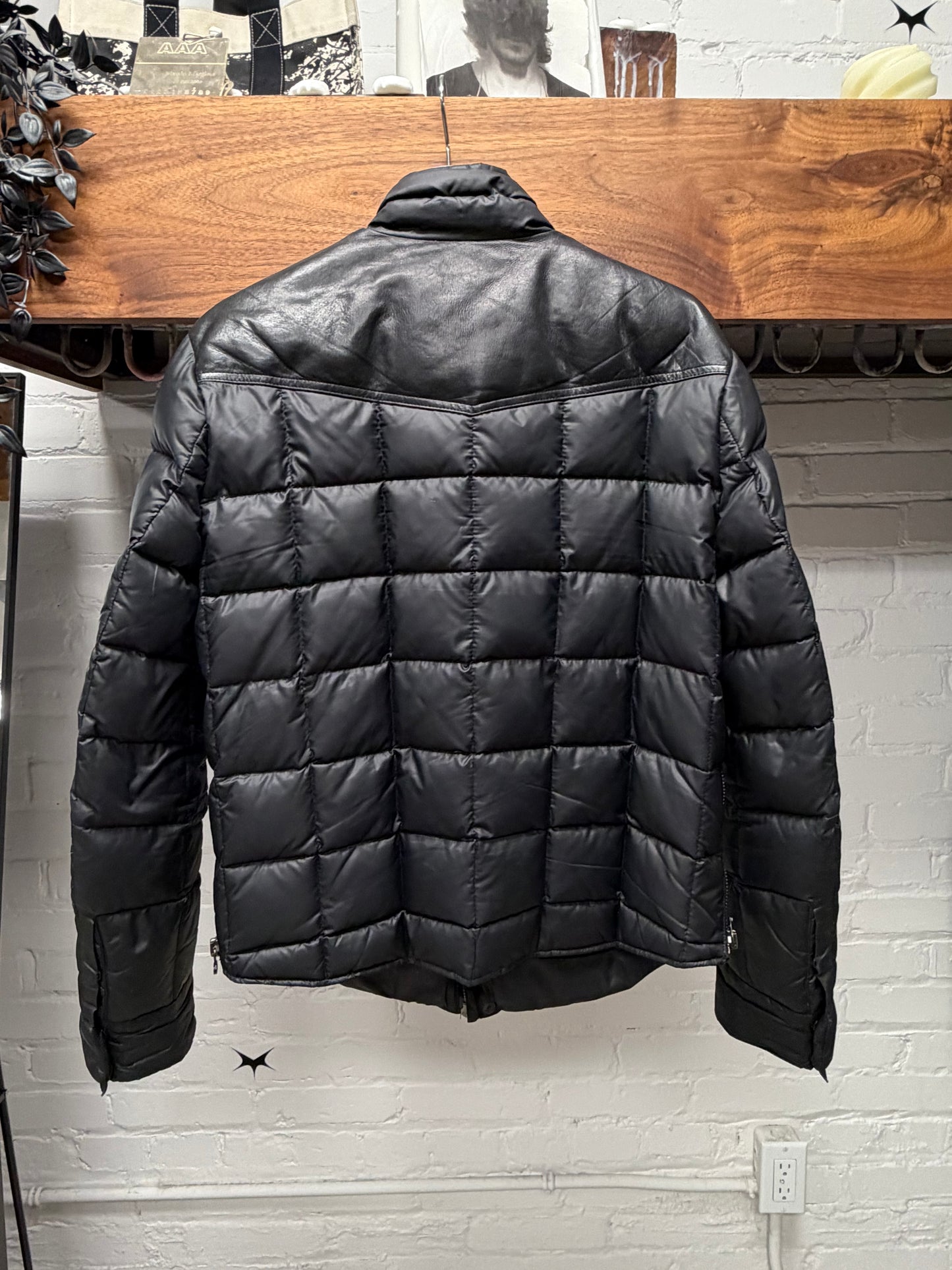 Balmain Quilted Black Puffer Jacket with Leather Shoulder Panelling