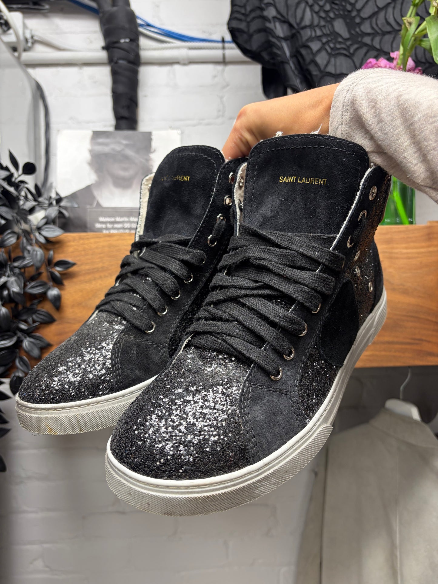 Saint Laurent ‘Bad Lieutenant’ Black Sequin Court High Top Sneakers