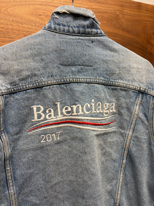 AW2017 Balenciaga ‘Campaign’ Embroidered Logo Light Wash Denim Jacket