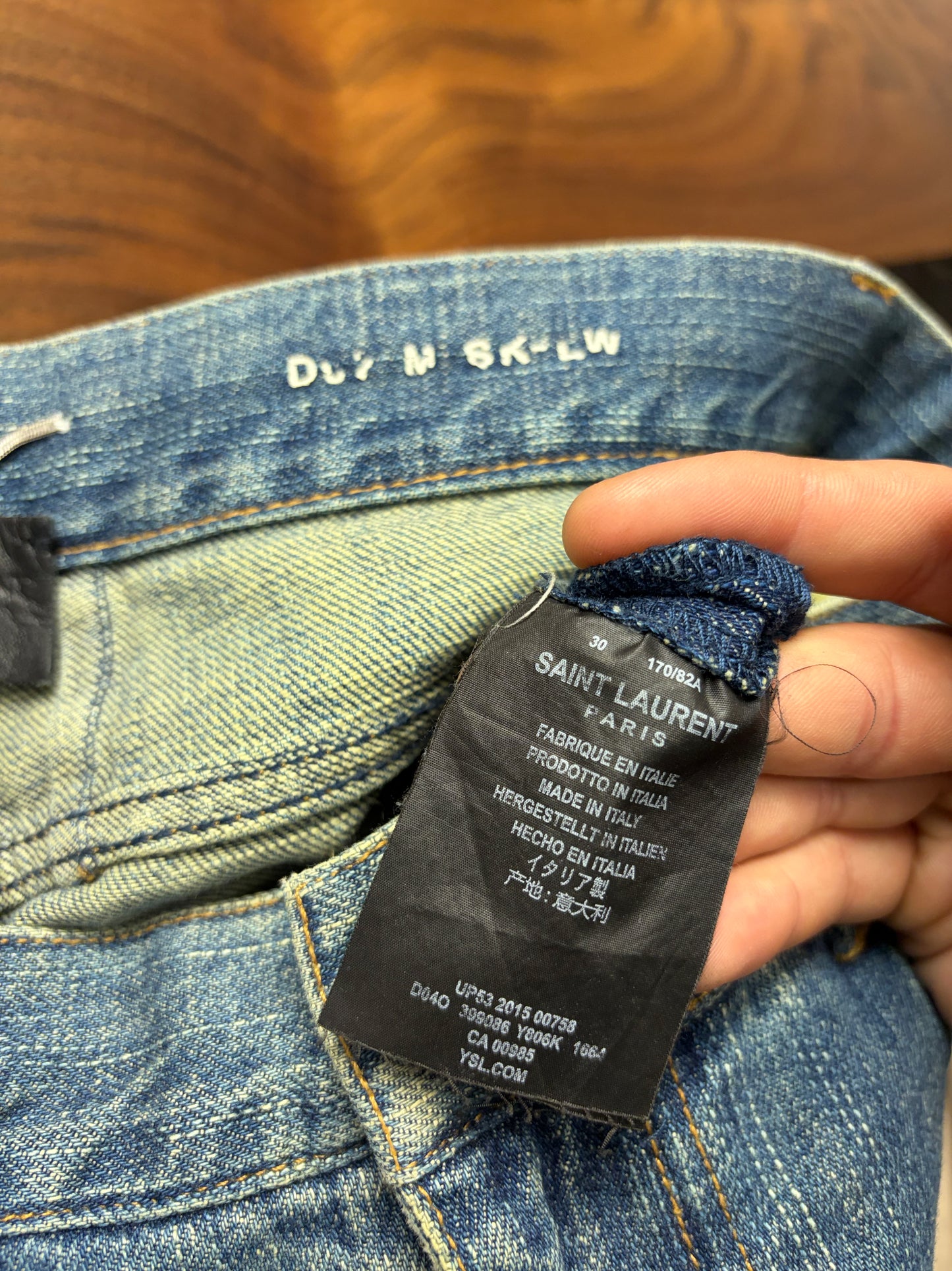 2015 Saint Laurent by Hedi Slimane ‘D02’ Distressed Knee Blowout Blue Skinny Jeans