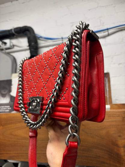 Chanel ‘Studded’ Red Quilted Leather Medium Boy Bag with Chain Crossbody Strap