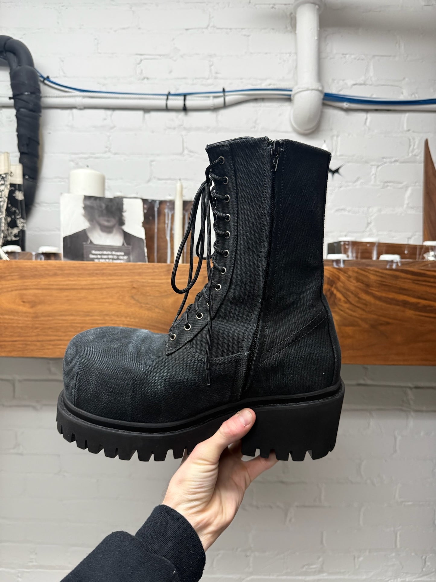 AW2024 Balenciaga Distressed Black Canvas ‘Stomper’ Oversized Combat Boots