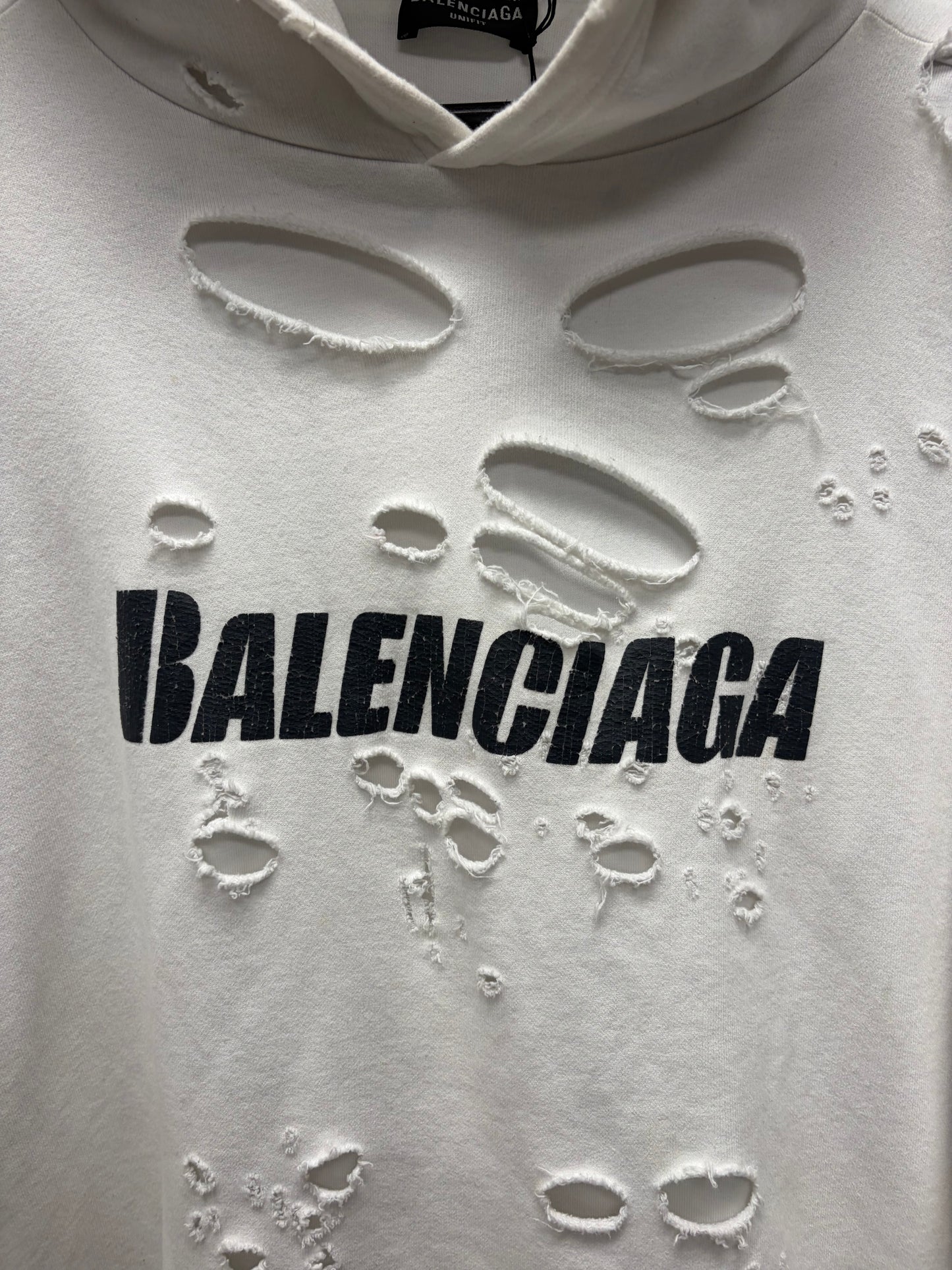 2021 Balenciaga ‘Caps’ Destroyed White/Black Logo Heavy Cotton Hoodie