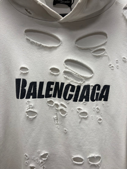 2021 Balenciaga ‘Caps’ Destroyed White/Black Logo Heavy Cotton Hoodie