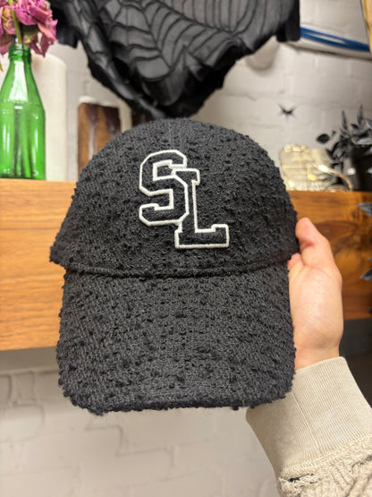 Saint Laurent Black ‘Boucle’ Tweed Wool ‘SL’ Chenille Patch Logo Baseball Cap