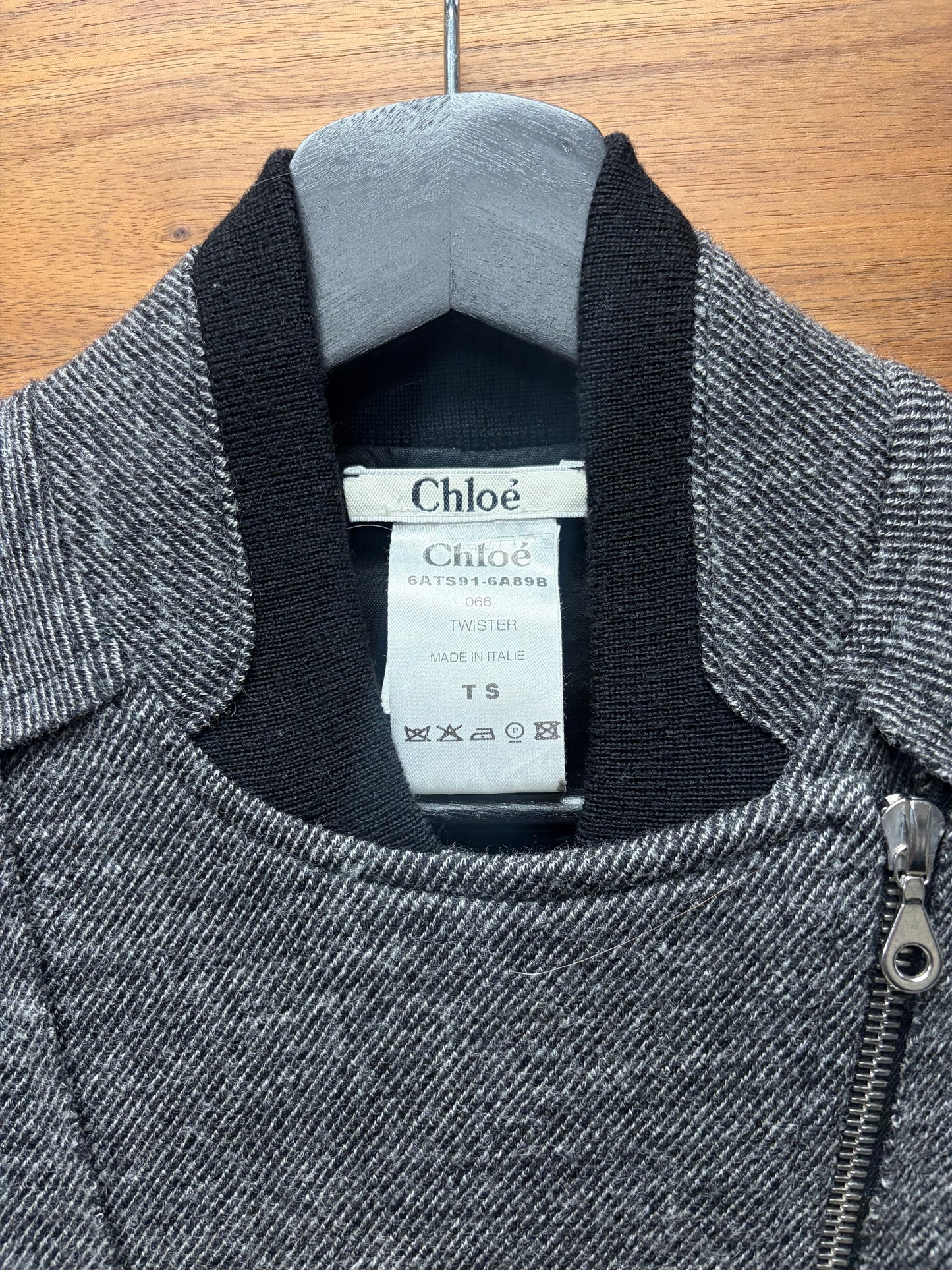 2000s Chloé Grey Wool Knit Asymmetric Zip Moto Jacket