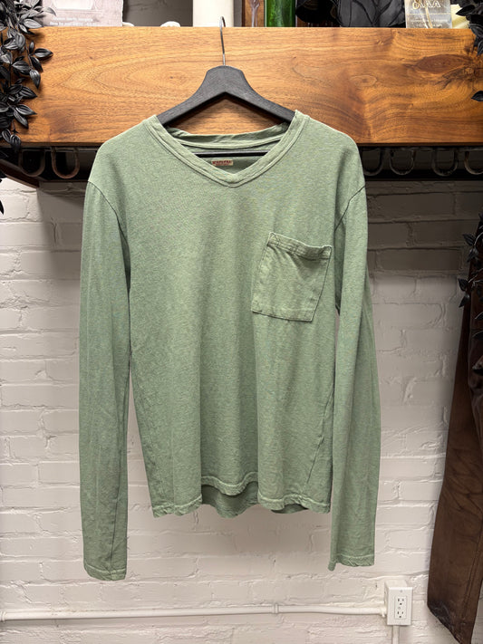 Kapital ‘Muted Green’ V-Neck Cotton Long Sleeve Pocket T-Shirt