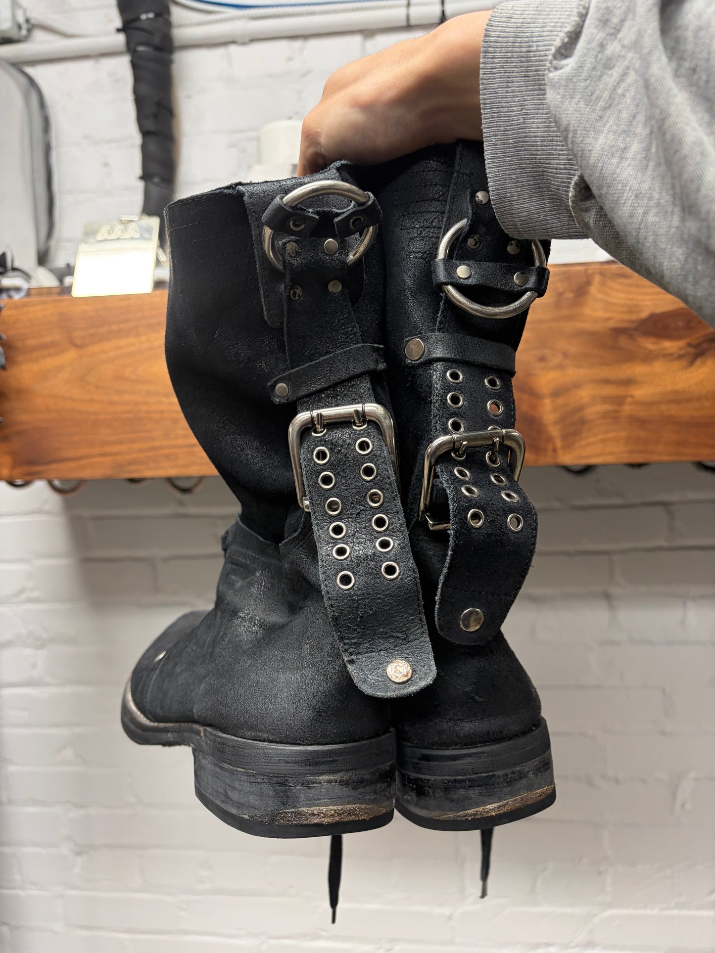 Diesel Black Waxed Suede ‘Engineer’ Calf Length Black Leather Boots
