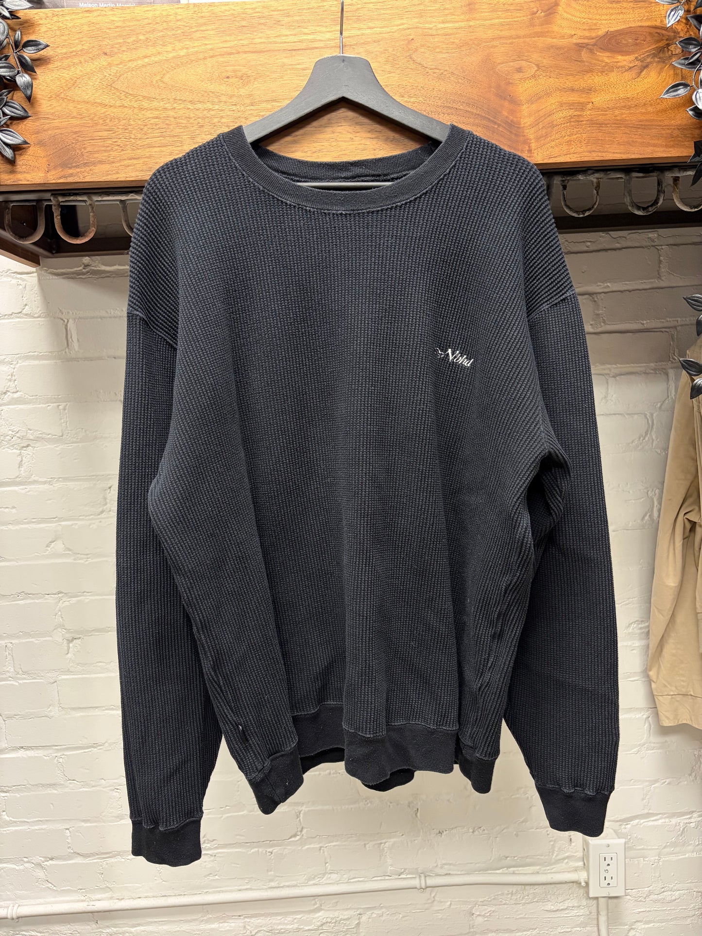 Neighborhood Embroidered Black/White Thermal Cotton Long Sleeve Shirt