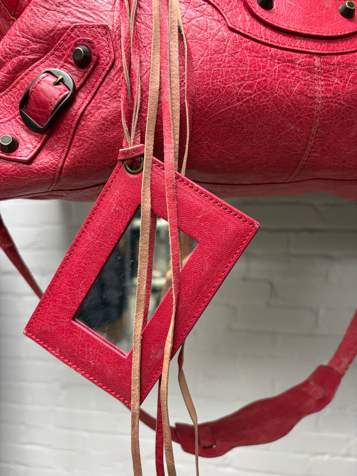 Balenciaga Red Lambskin Leather Classic Size ‘City’ Bag with Crossbody Strap