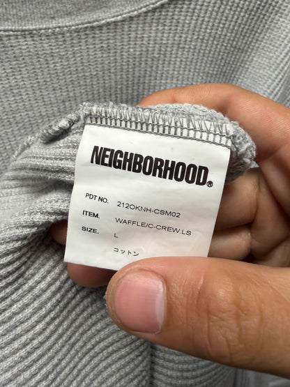 Neighborhood Embroidered Grey White Thermal Cotton Long Sleeve Shirt