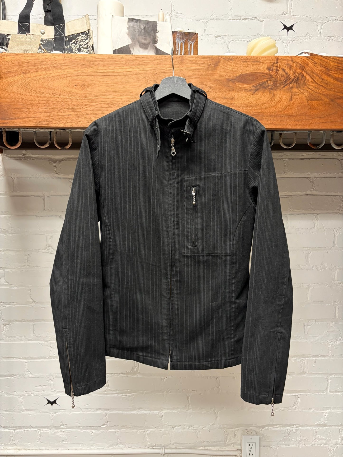 5131 Pour Les Hommes Black Pinstripe Belted Collar Jacket