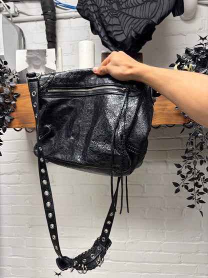 Balenciaga ‘Le Cagole’ Medium Size Pierced Black Leather Crossbody Messenger Bag