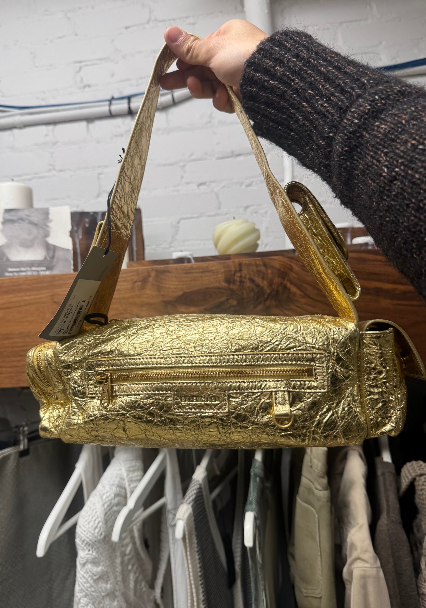 2024 Balenciaga ‘Metalized’ Gold Lamb Leather ‘Superbusy’ Cargo Bag