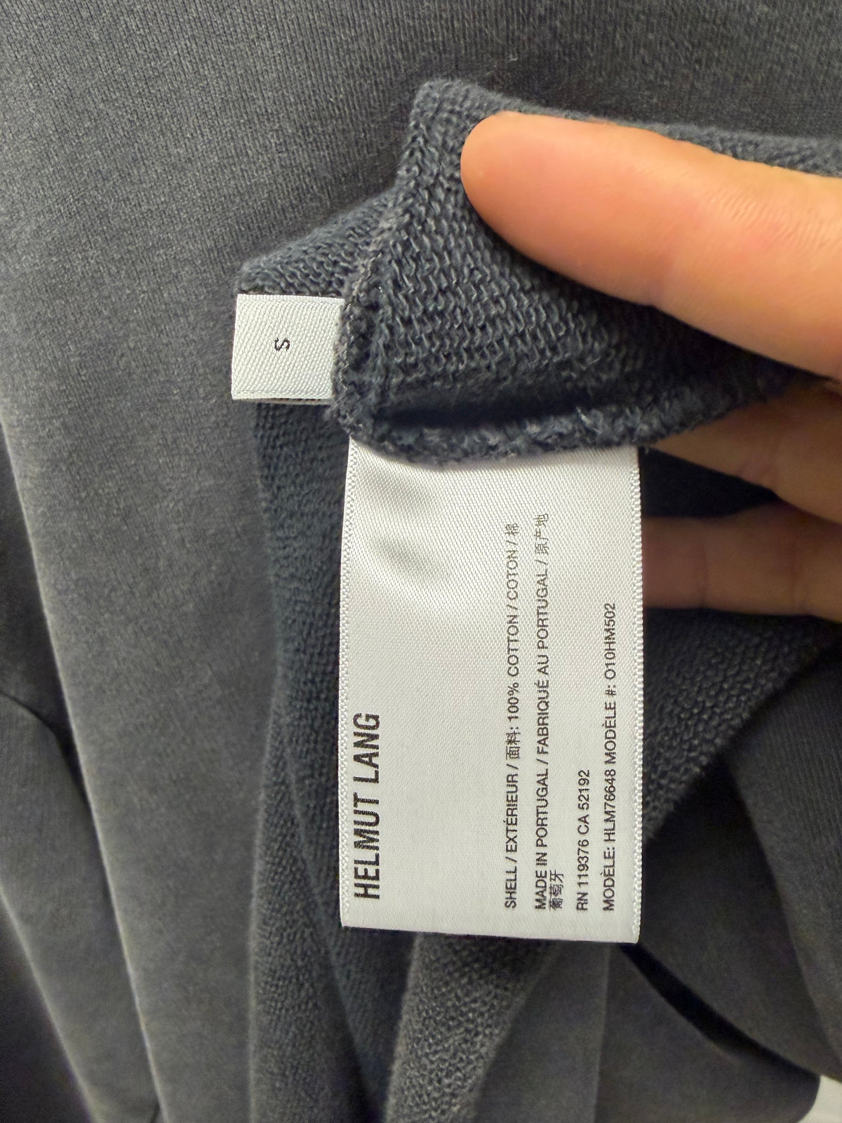 Helmut Lang Charcoal Grey ‘Raw Hem’ Sweatshirt with Leather Patch