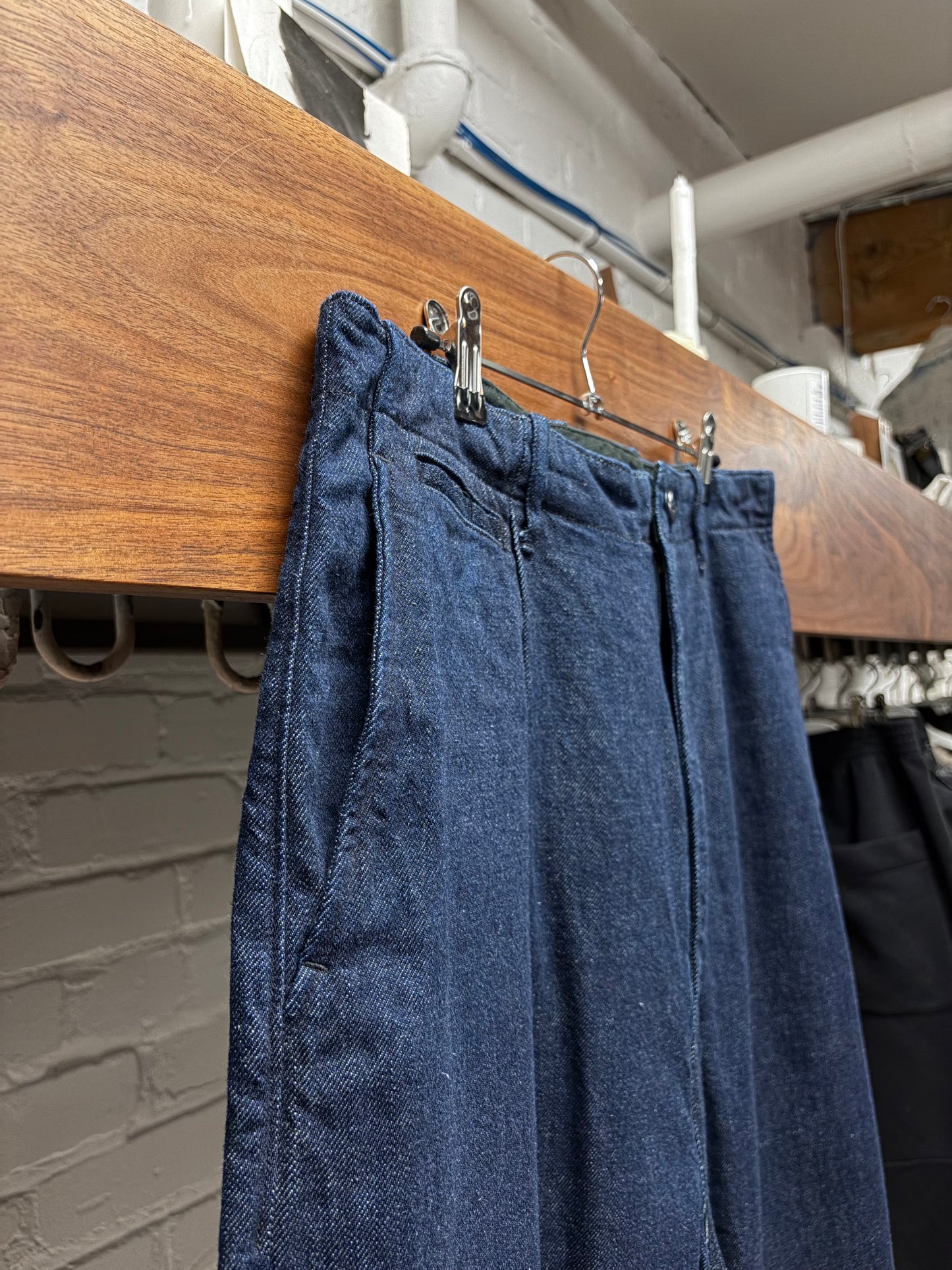 Kapital 11.5oz ‘High Waisted’ Buckle Back Raw Blue Denim