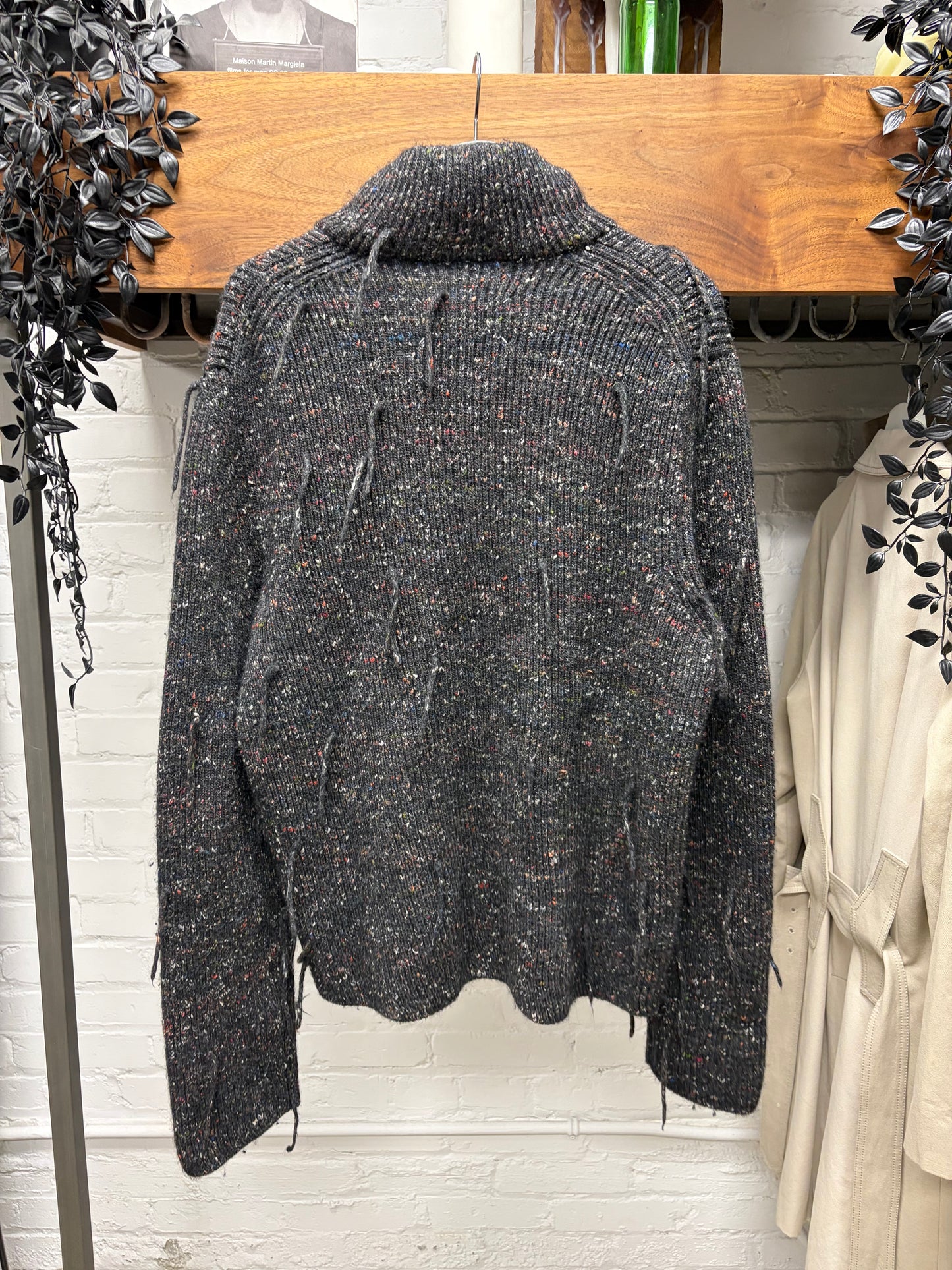 SS2017 Maison Margiela Charcoal Speckled ‘Drivers Knit’ Zip-Up Sweater with Frayed Tassels