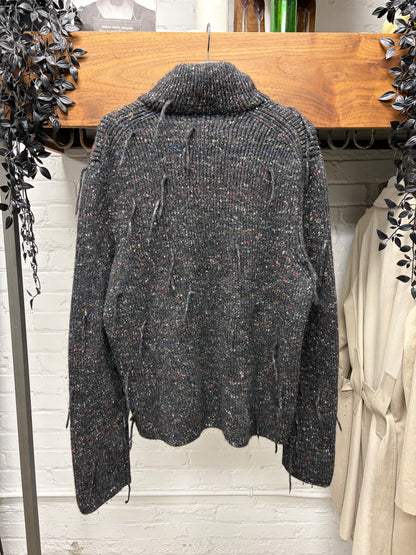 SS2017 Maison Margiela Charcoal Speckled ‘Drivers Knit’ Zip-Up Sweater with Frayed Tassels