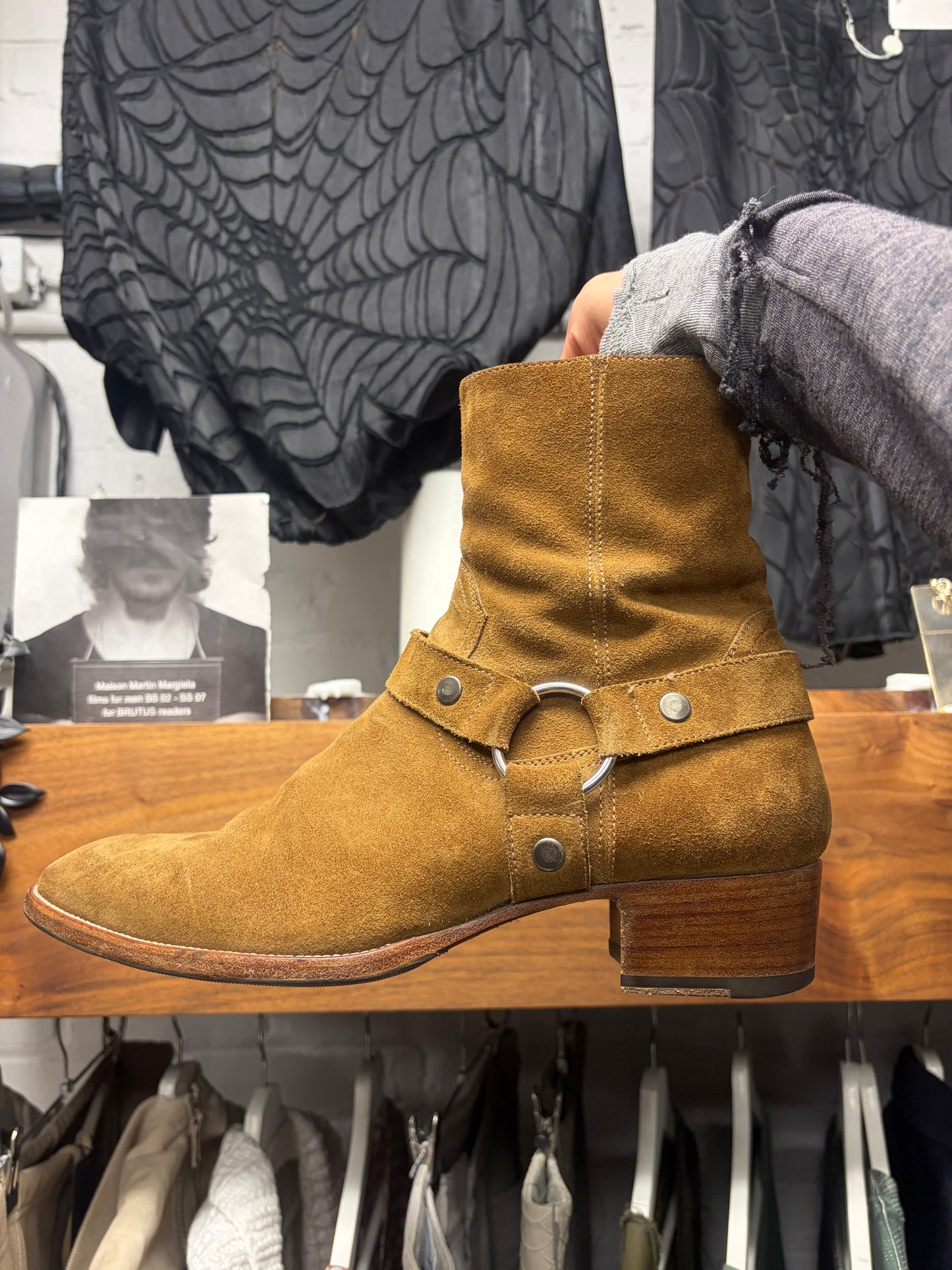 Saint Laurent Brown Suede Harness ‘Wyatt’ Pointed Toe Chelsea Boots
