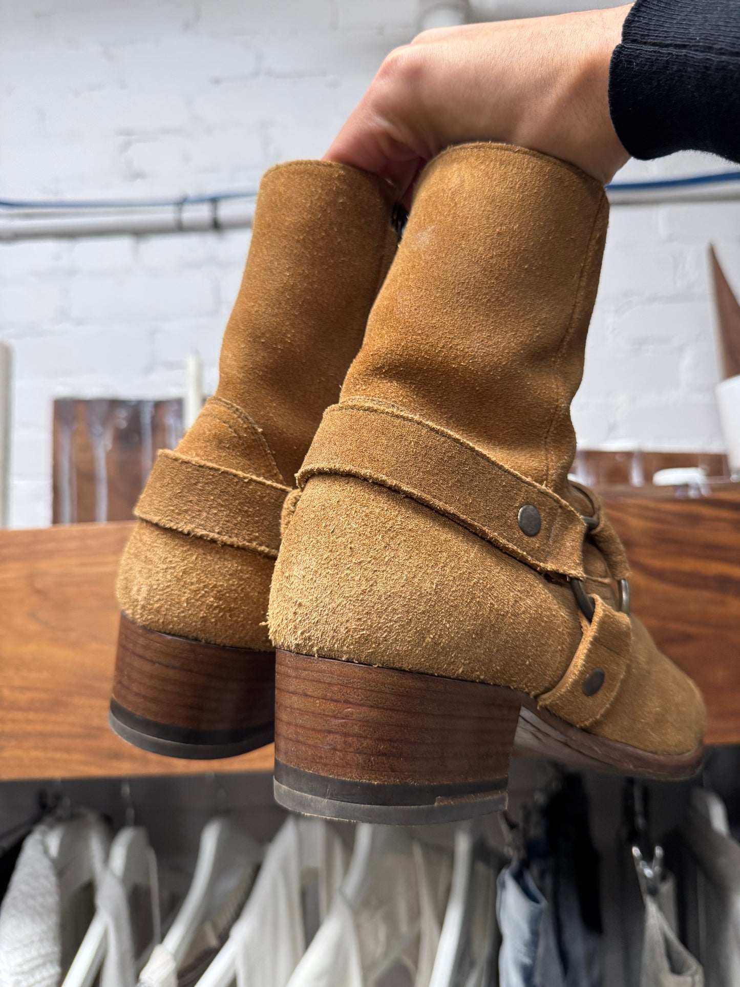 Saint Laurent ‘Wyatt’ Harness Brown Suede Pointed Toe Boots
