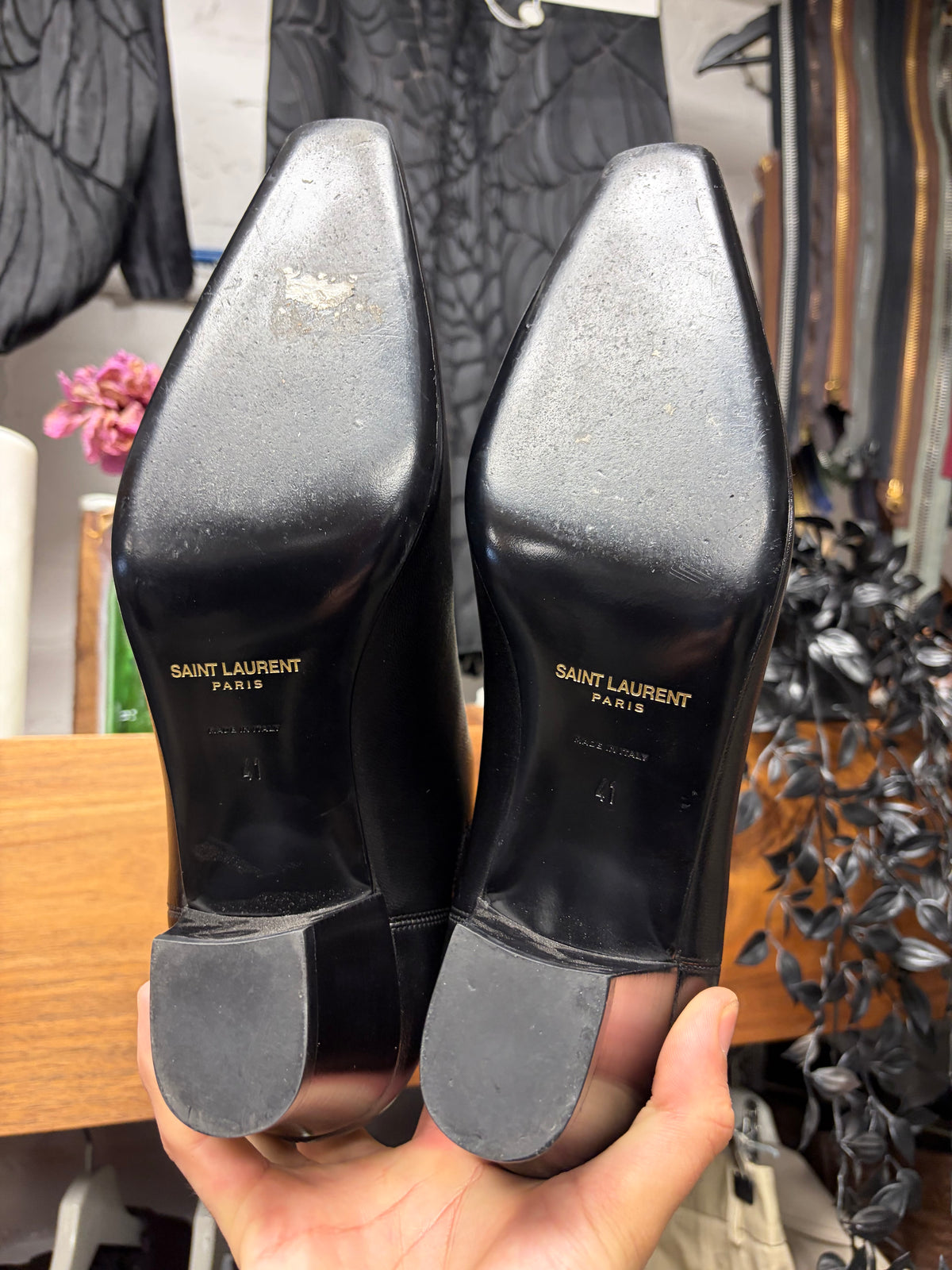 Saint Laurent ‘Rainer’ Glossy Black Leather Pointed Toe Chelsea Boots