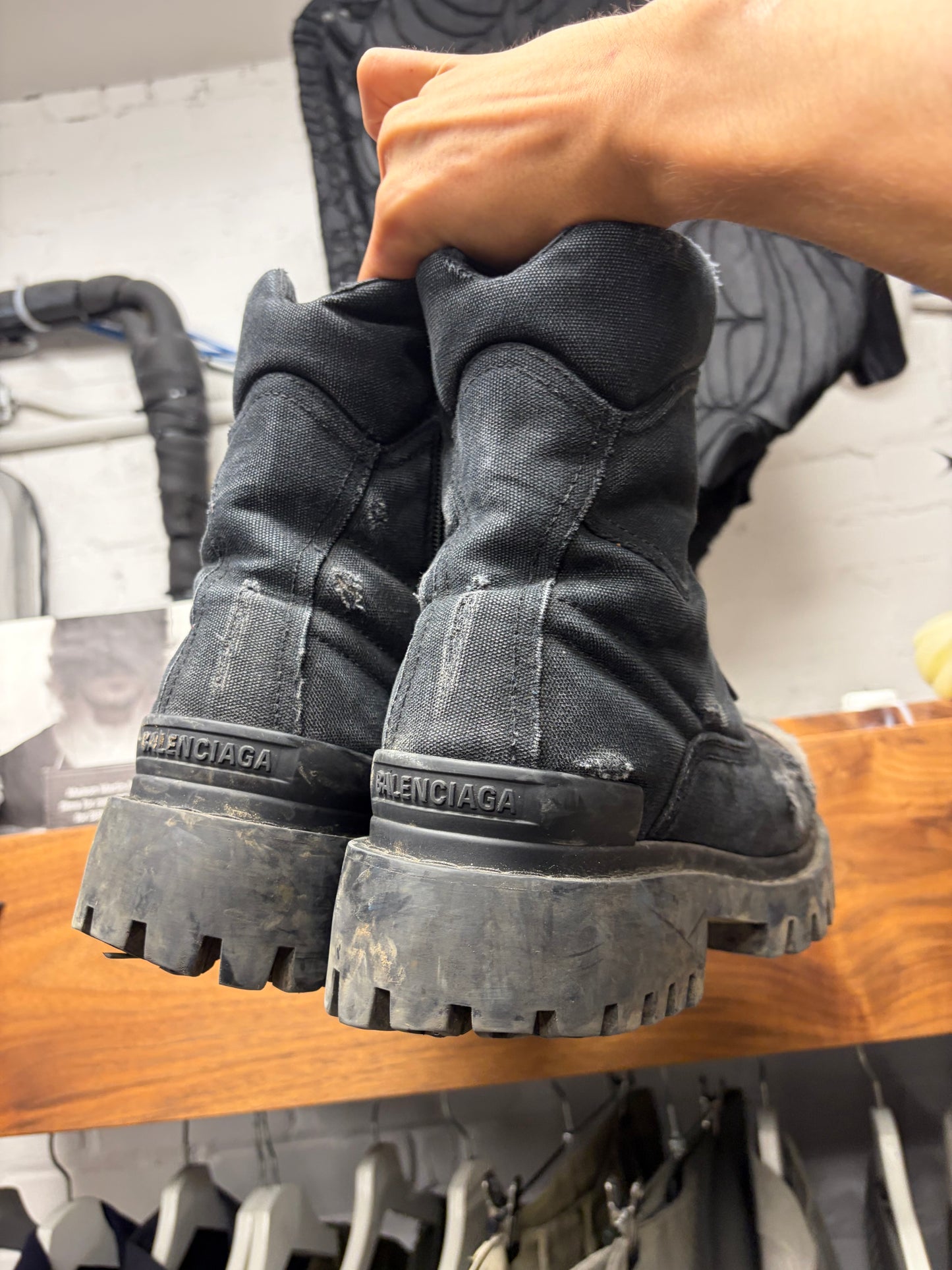Balenciaga ‘Strike’ Black Distressed Canvas Combat Boots