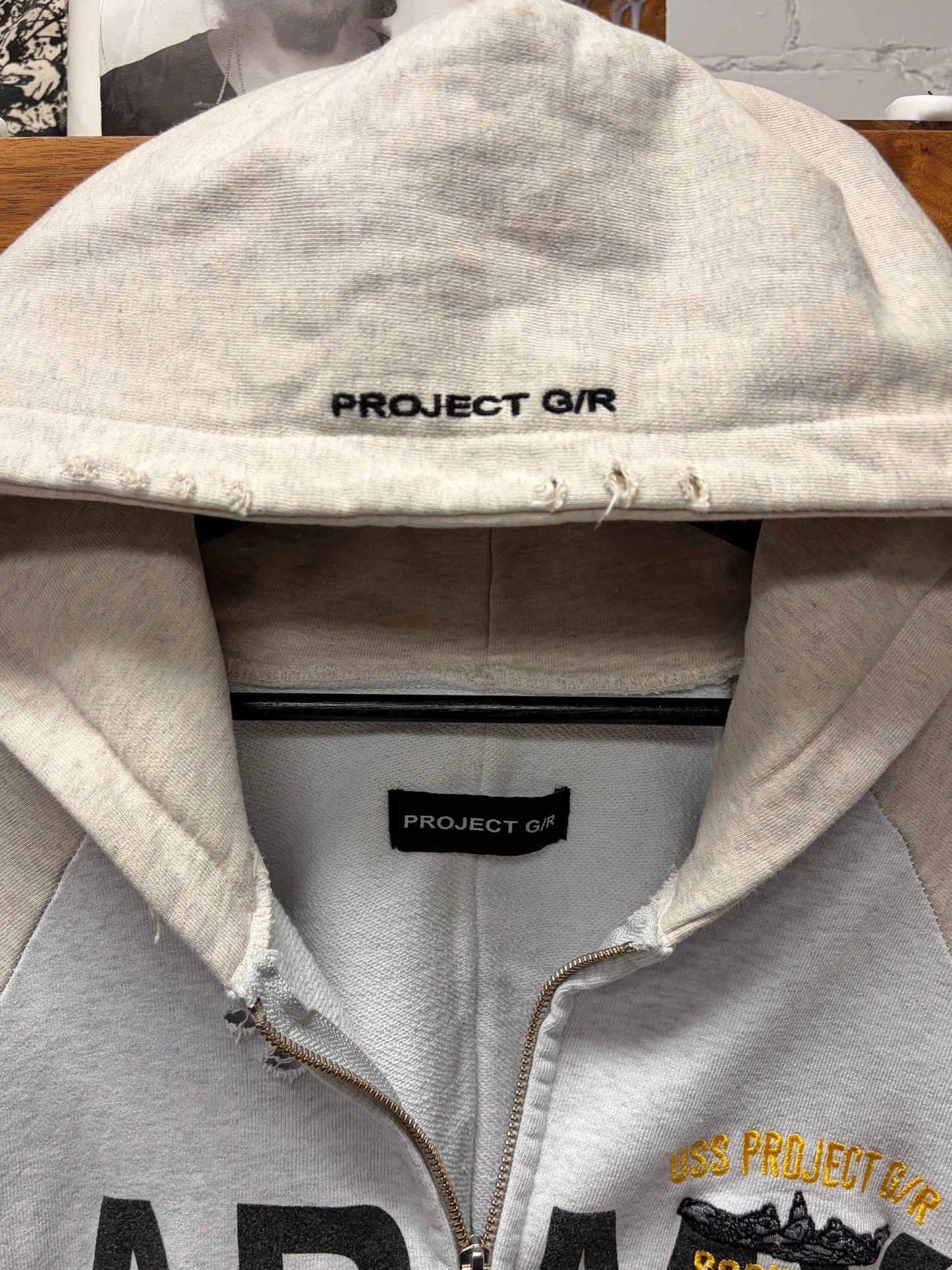 Project GR New York Exclusive ‘Army’ Reconstructed Grey Cotton Zip-Up Hoodie