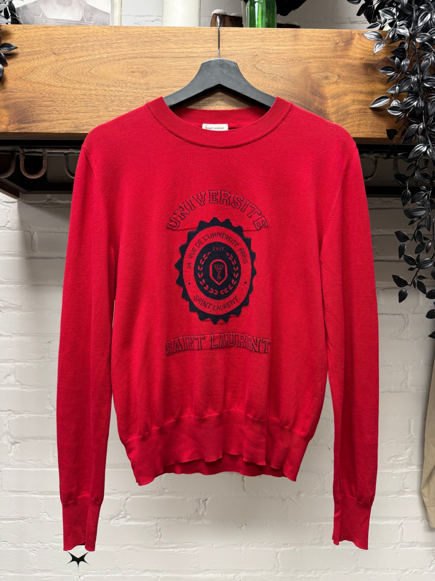 2017 Saint Laurent ‘YSL University’ Red/Black Knit Logo Sweater