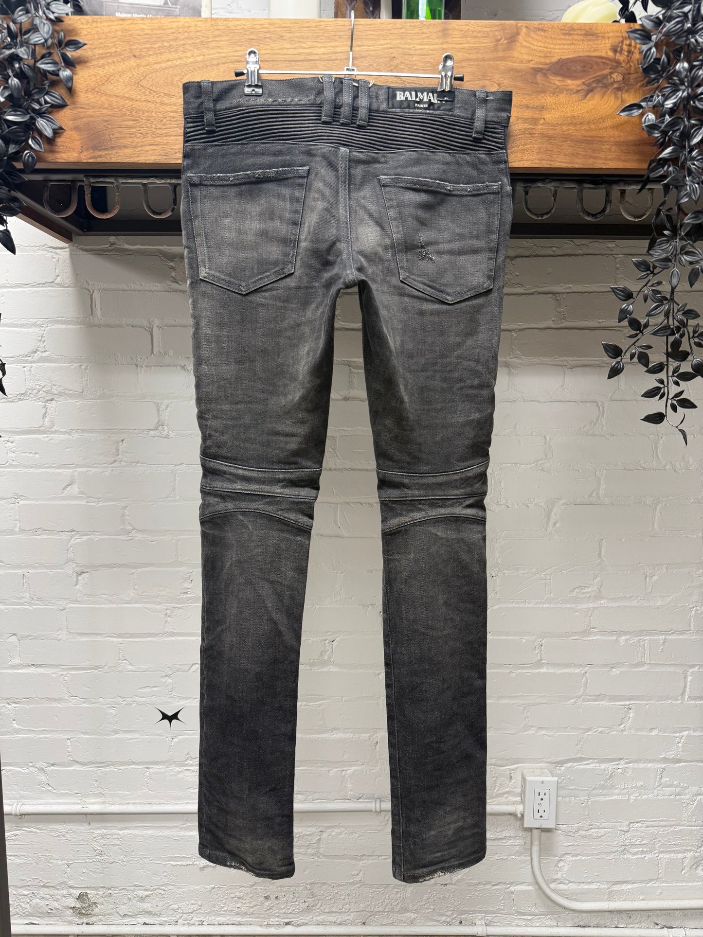 Balmain Black Distressed Black Biker Knee Moto Skinny Jeans
