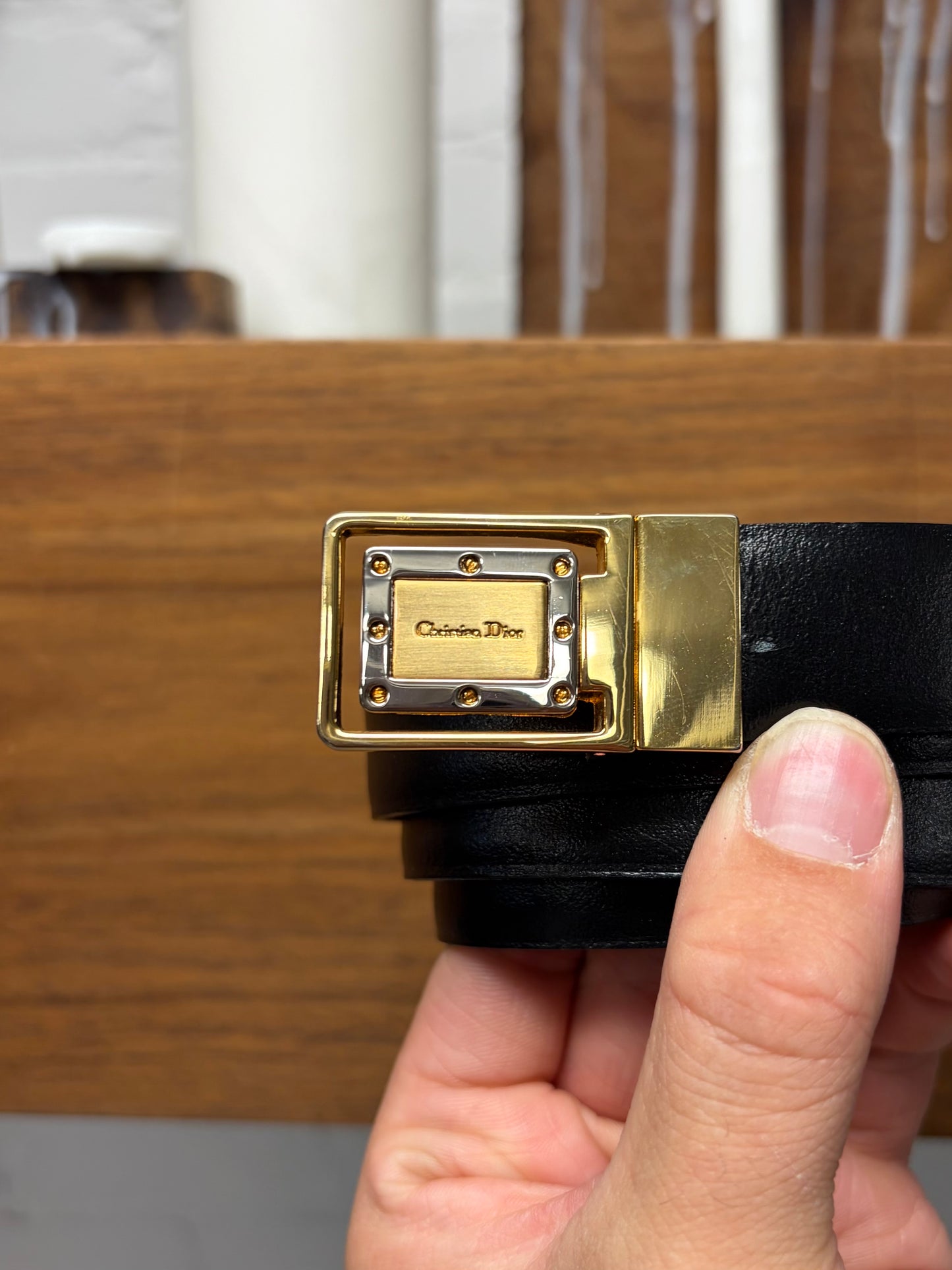 Vintage Christian Dior Minimal Gold Square Buckle Leather Belt