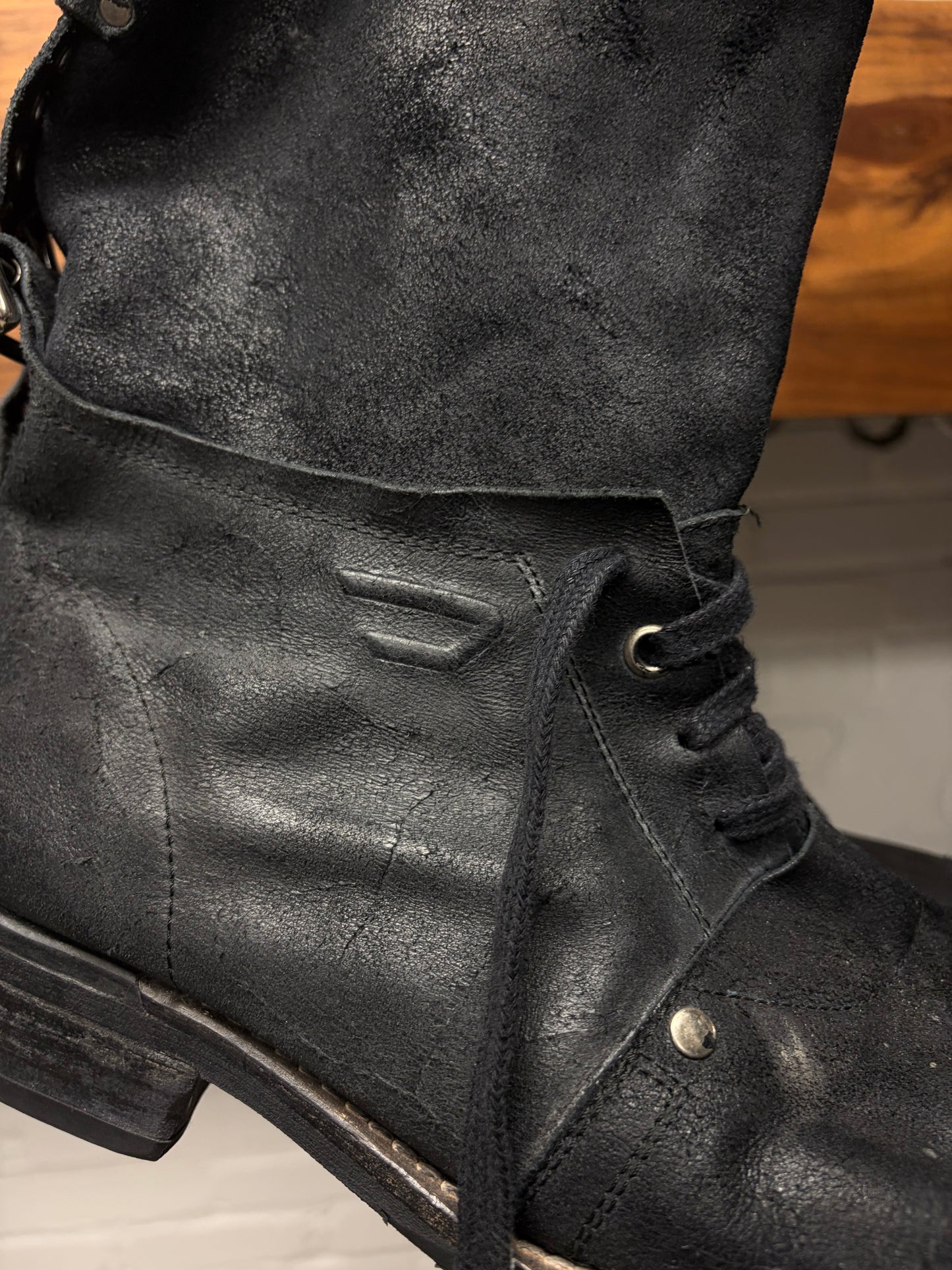 Diesel Black Waxed Suede ‘Engineer’ Calf Length Black Leather Boots