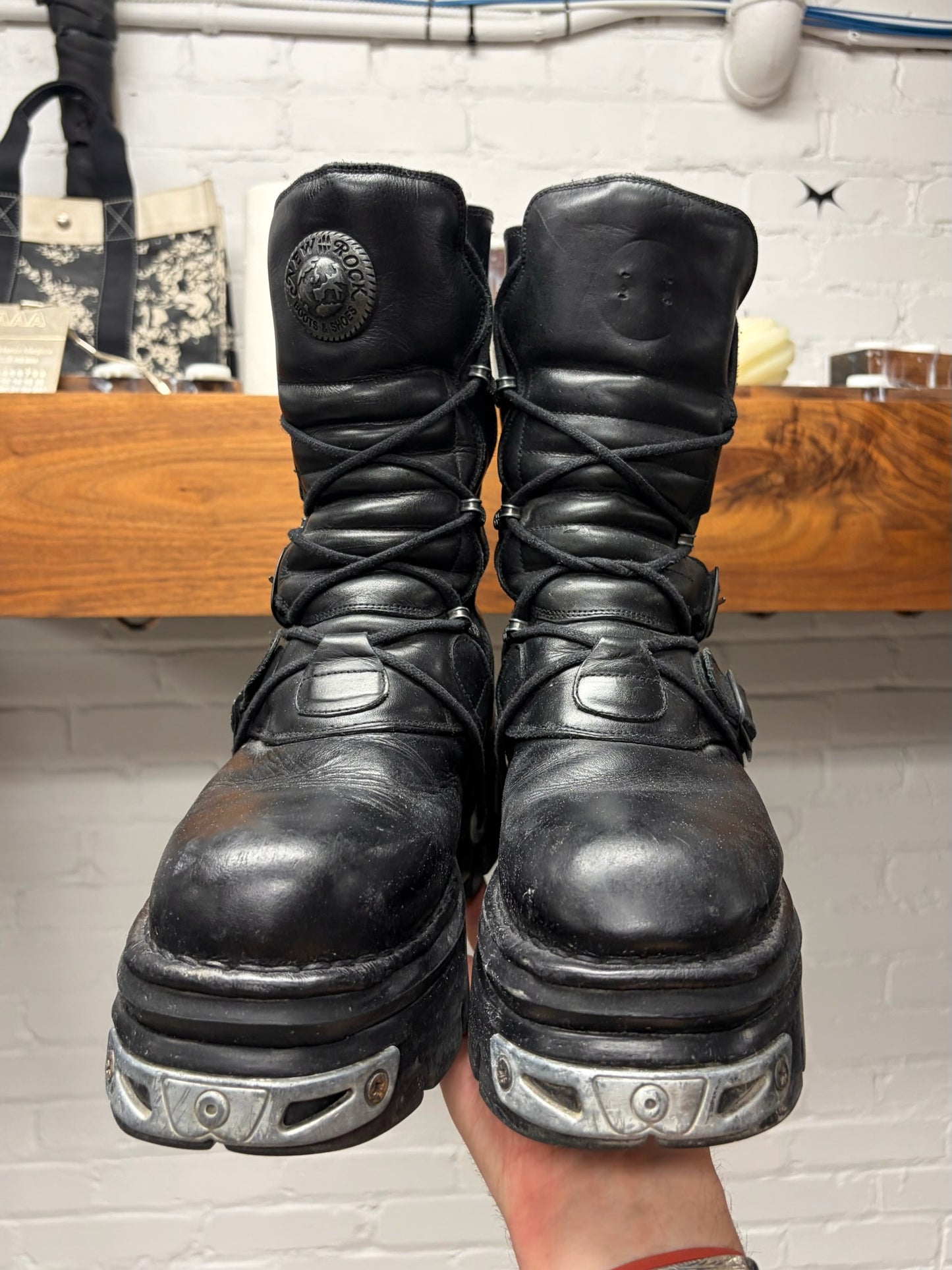 New Rock ‘M373’ Black/Silver Hardware Platform Leather Boots