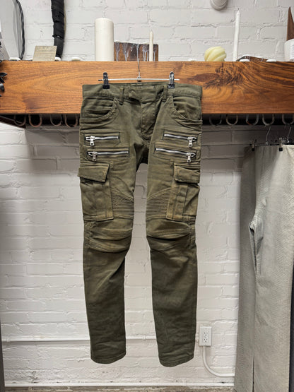 Balmain Military Green Skinny Cut Biker Denim