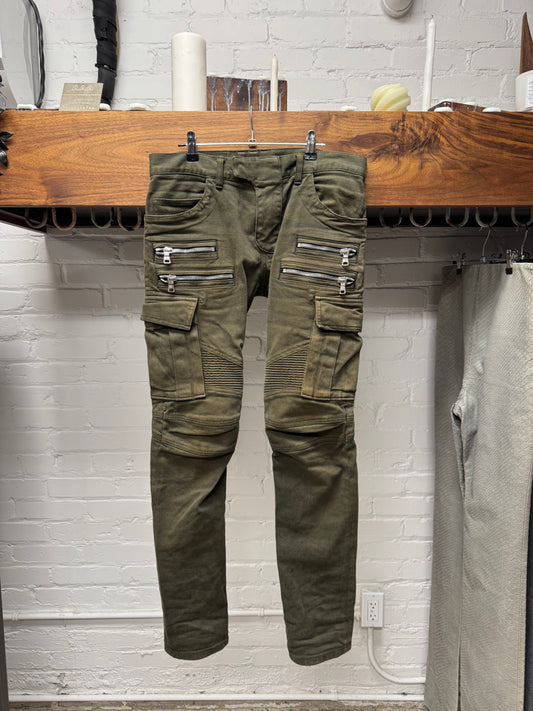 Balmain Military Green Skinny Cut Biker Denim