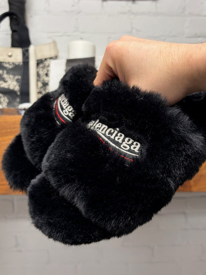 Balenciaga ‘Campaign Logo’ Black Fuzzy Slippers