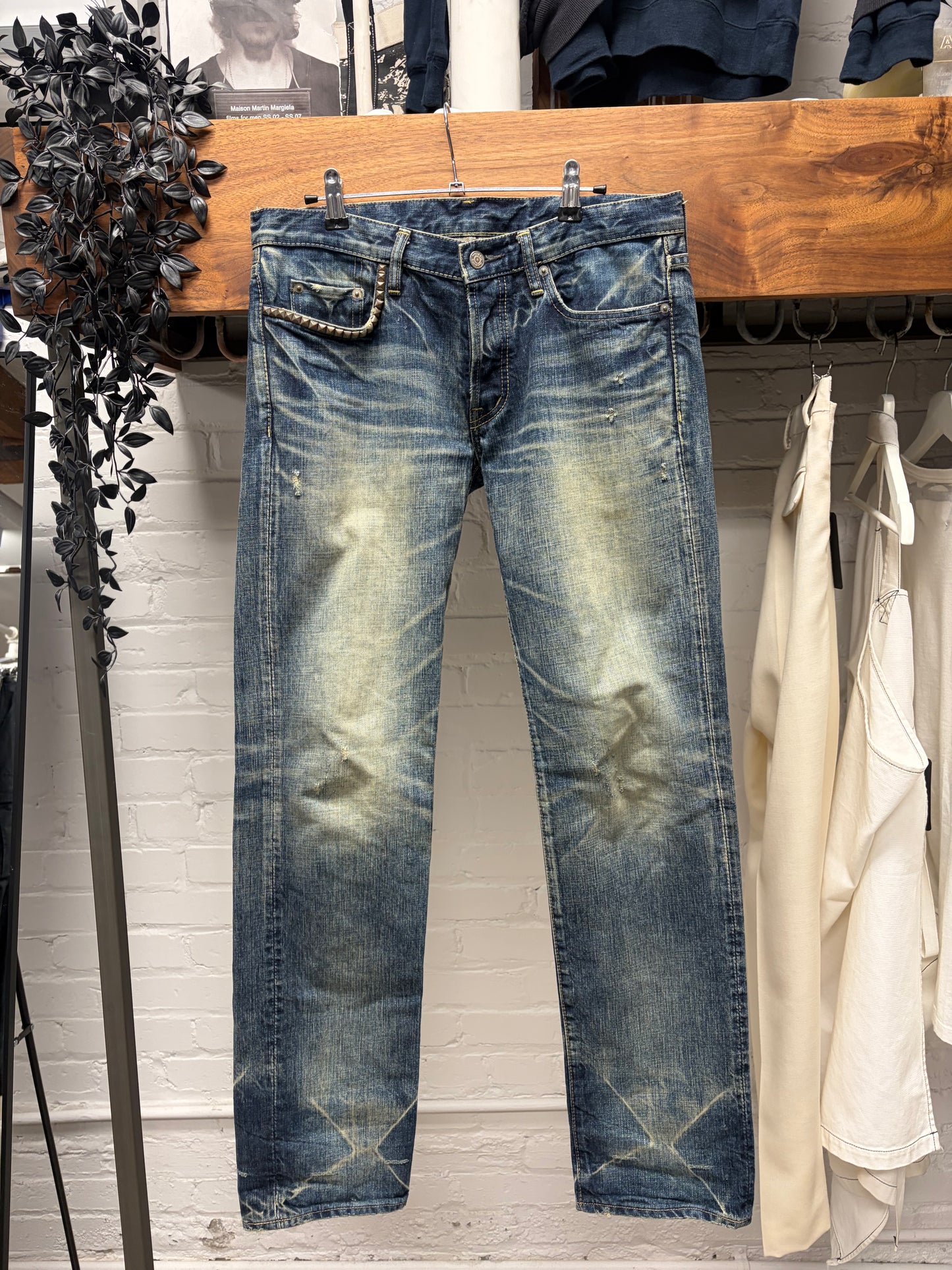 Hysteric Glamour ‘See No Evil’ Studded Blue Dirt Wash Skinny Jeans