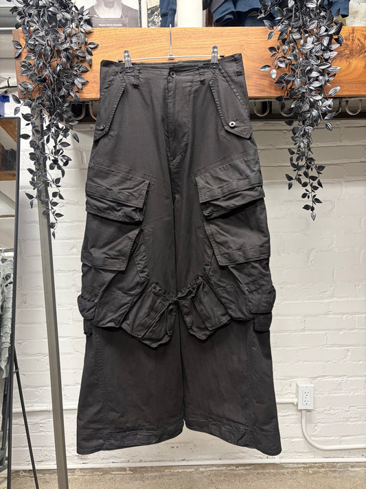 AW2024 Julius ‘Gas Mask’ Cotton/Nylon Black Wide Leg Cargo Pants