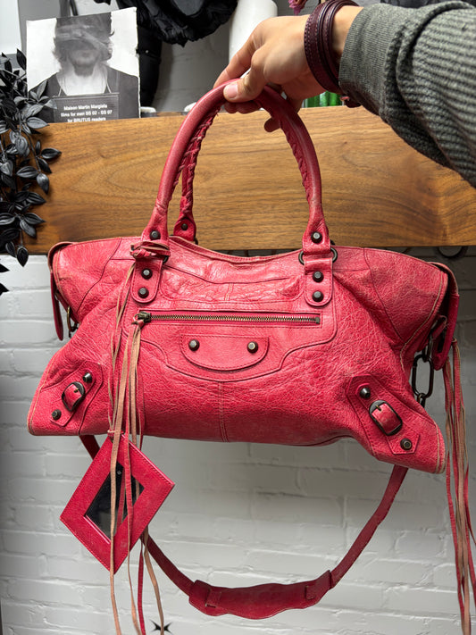 Balenciaga Red Lambskin Leather Classic Size ‘City’ Bag with Crossbody Strap