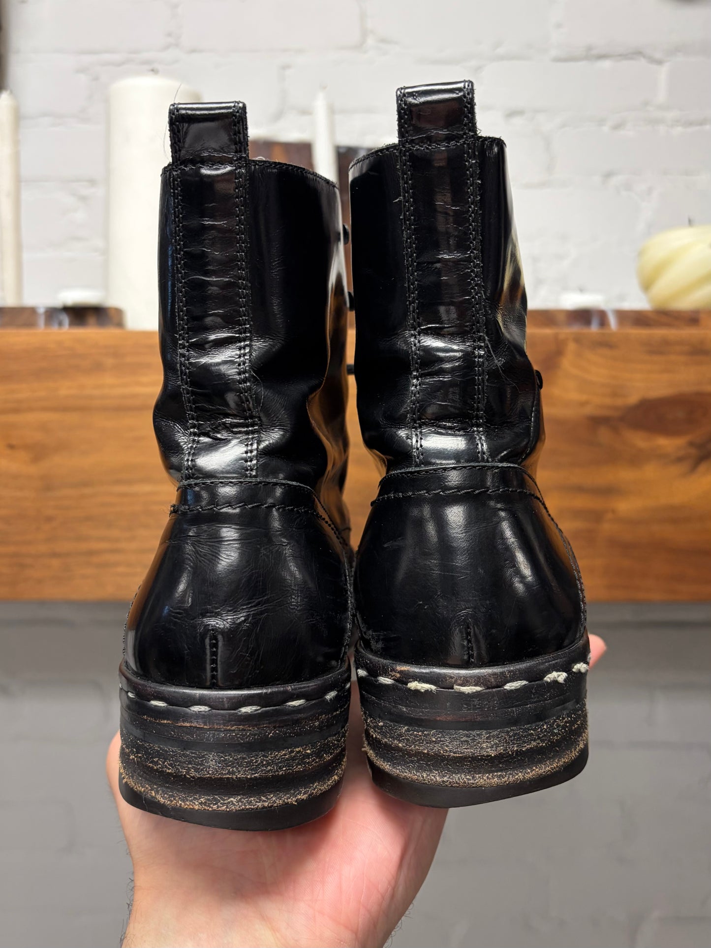 Costume National Black Patent Leather Contrast Stitch Combat Boots