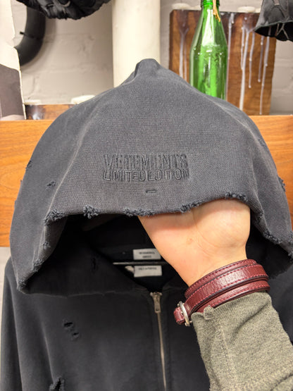 Vetements ‘Hood Embroidered’ Black Thrash Distressed Heavy Cotton Zip-Up Hoodie