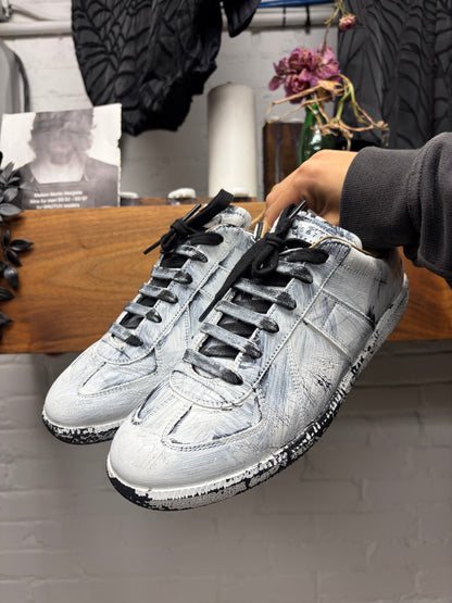 Maison Margiela White Paint Coated ‘G.A.T’ Black Leather Low Top Sneakers