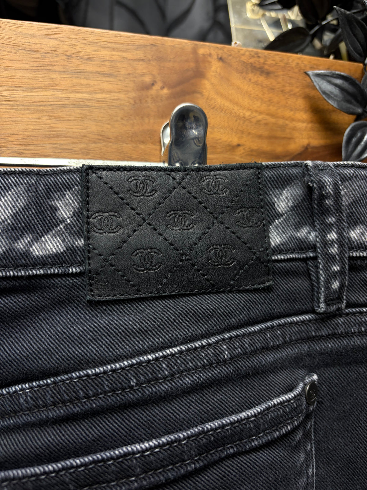 Chanel ‘Chain Print’ Black Skinny Jeans with Monogram Leather Jacron Patch