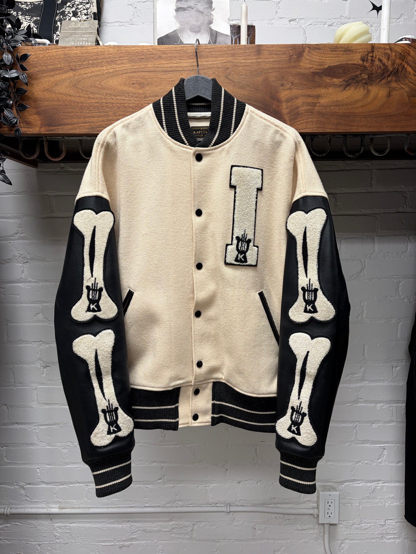 Kapital ‘I-Five’ Cream/Black Leather ‘Bone’ Varsity Jacket