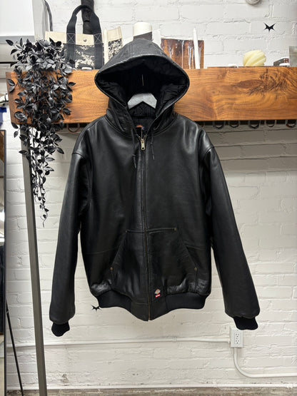 AW2024 Supreme x Dickies Black Leather Hooded Work Bomber Jacket