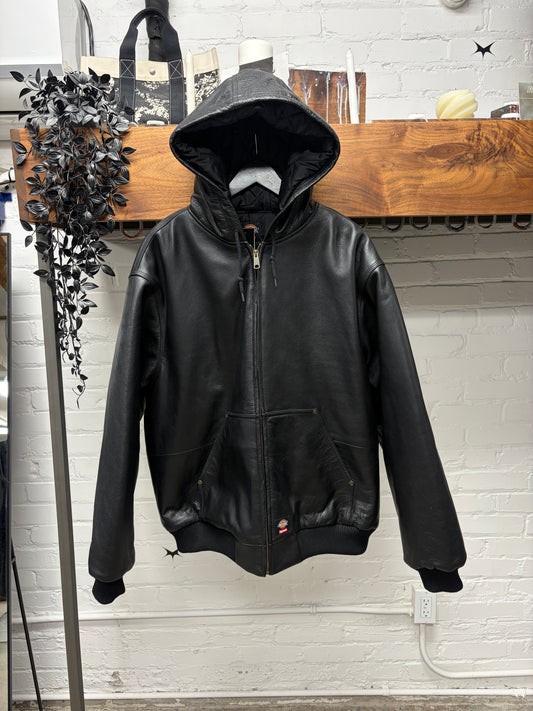 AW2024 Supreme x Dickies Black Leather Hooded Work Bomber Jacket