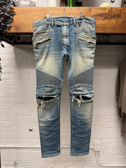 Balmain Dirt Washed Blue Distressed Biker Knee Denim