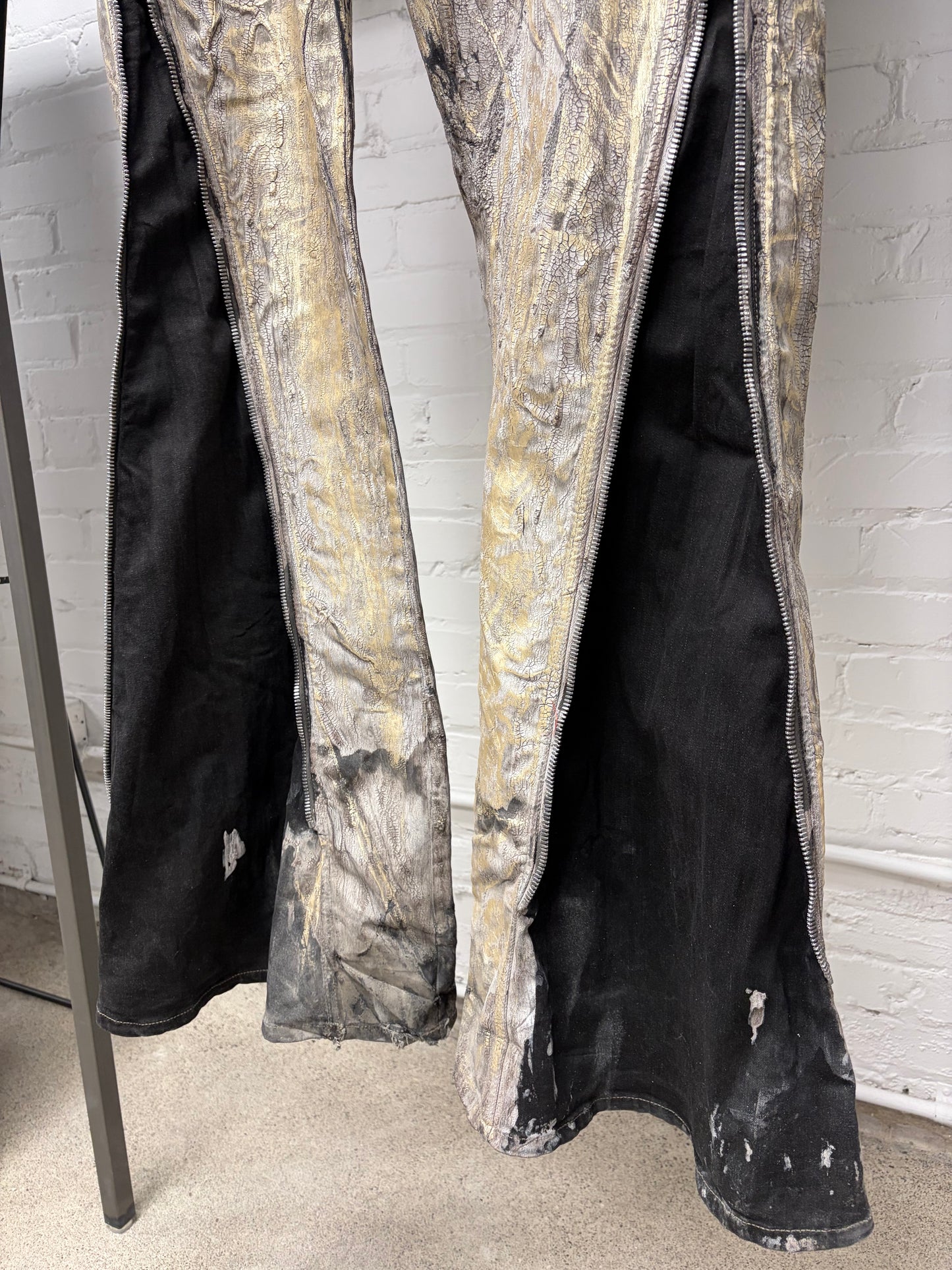 SS2025 Rick Owens ‘Hollywood’ Gold Embellished ‘Banana Cut’ Flared Leg Denim
