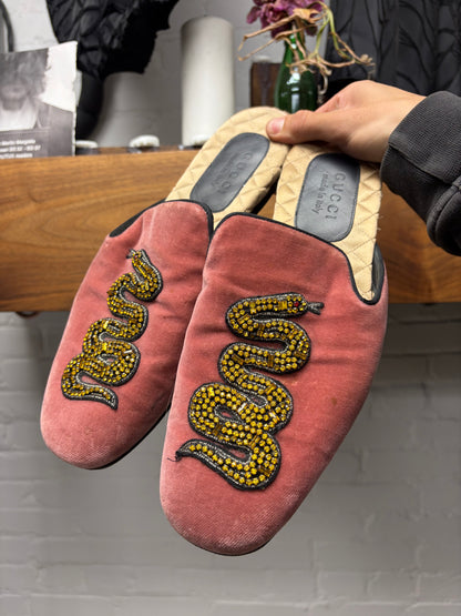 2017 Gucci ‘Hannelore’ Pink Velvet Snake Brocade Wood Sole Slippers