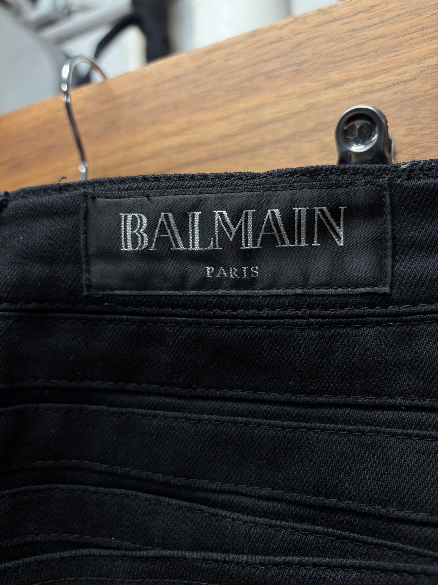 Balmain Waxed Black Biker Knee Capri Cut Denim Shorts