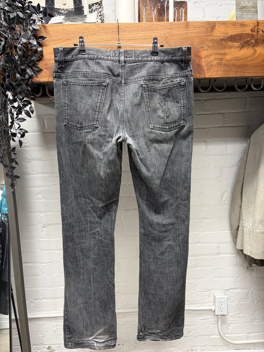 Yves Saint Laurent Rive Gauche Washed Grey ‘YSL’ Logo Skinny Jeans